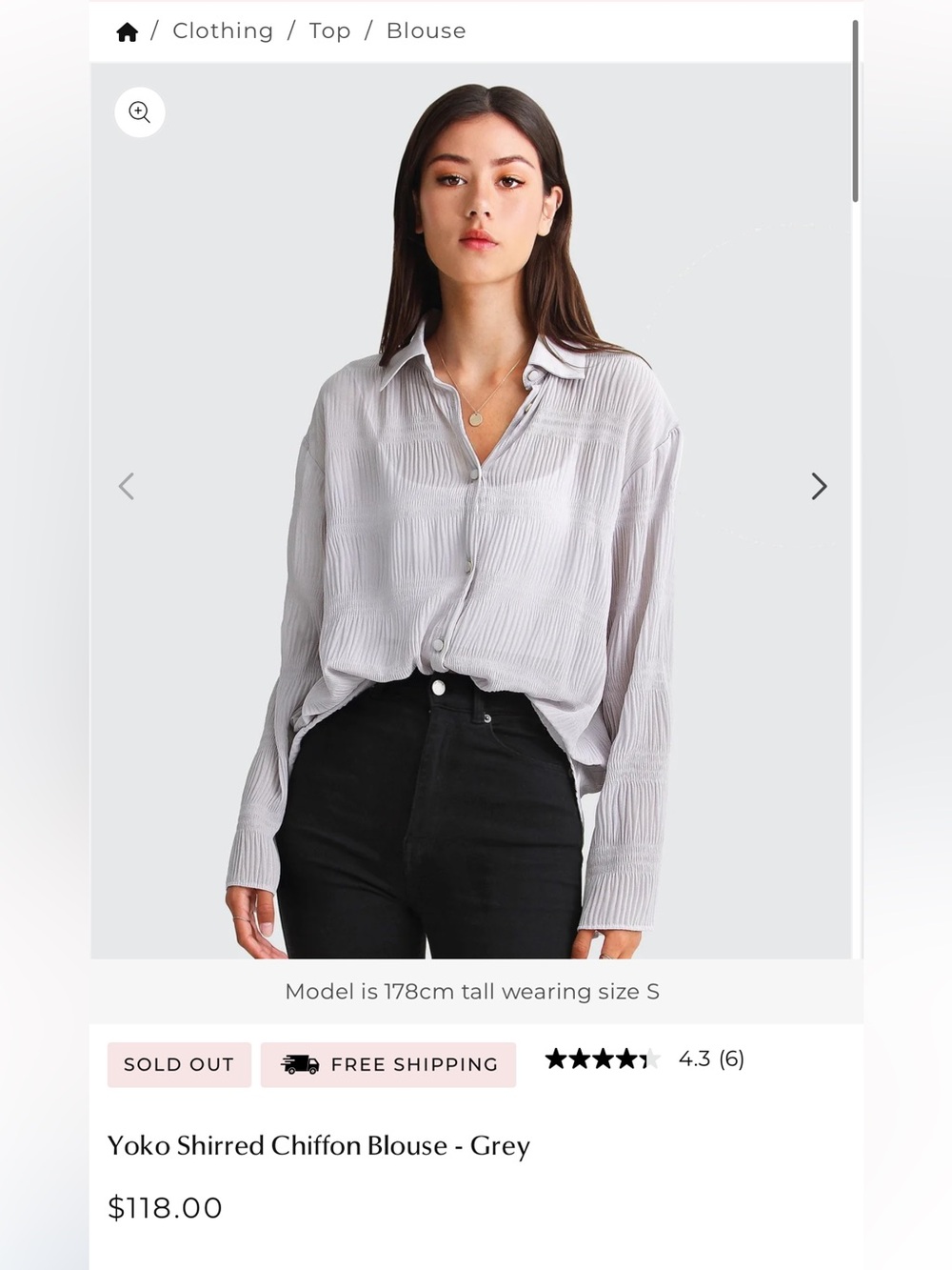 Yoko Shirred Chiffon Button-Front Blouse - Light Grey